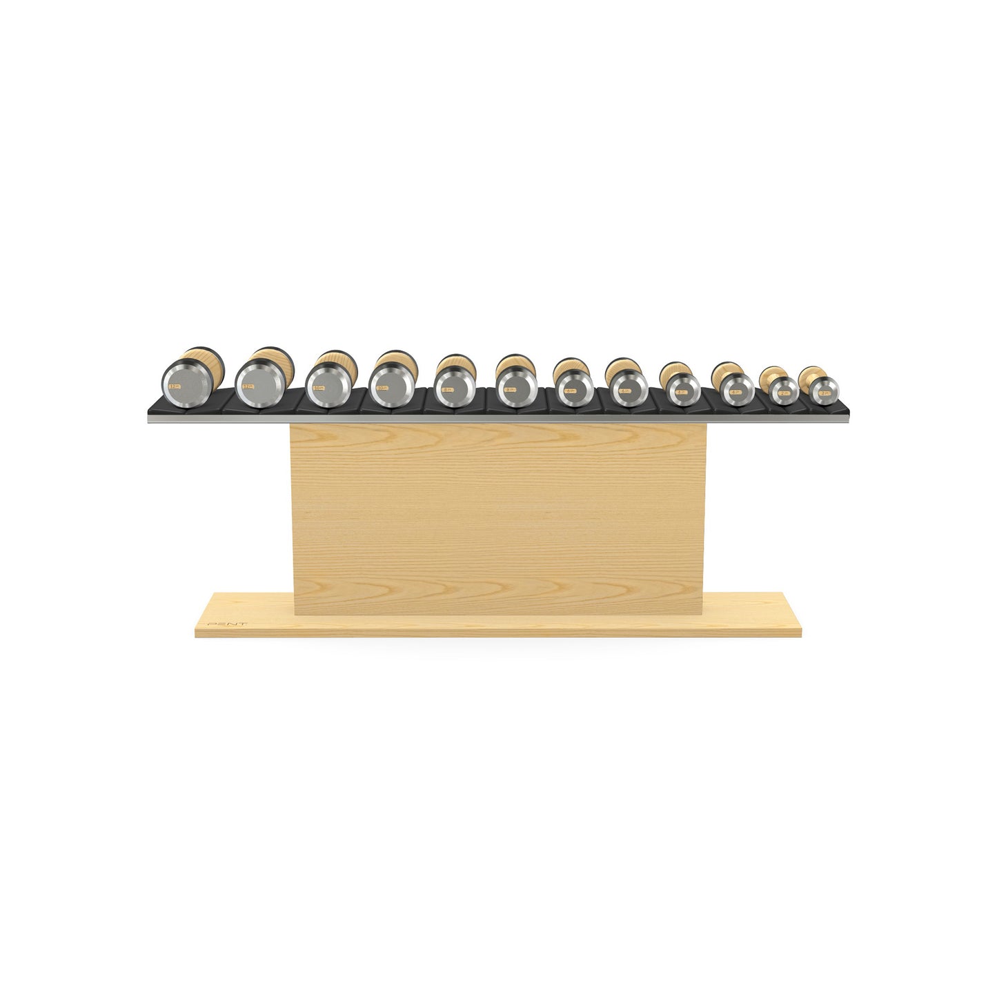 Luxury gym equipment, 6 pair of dumbbells on horizontal wooden stand, made with stainless steel, Italian black leather and natural ash wood.