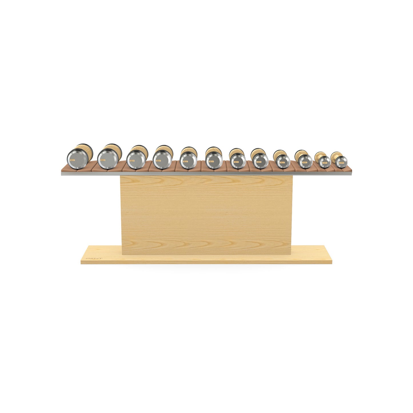Luxury gym equipment, 6 pair of dumbbells on horizontal wooden stand, made with stainless steel, Italian brown leather and natural ash wood.