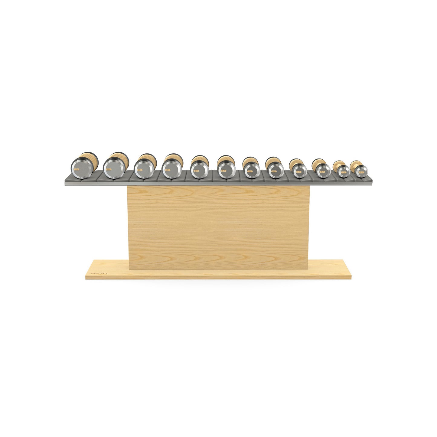 Luxury gym equipment, 6 pair of dumbbells on horizontal wooden stand, made with stainless steel, Italian grey leather and natural ash wood.