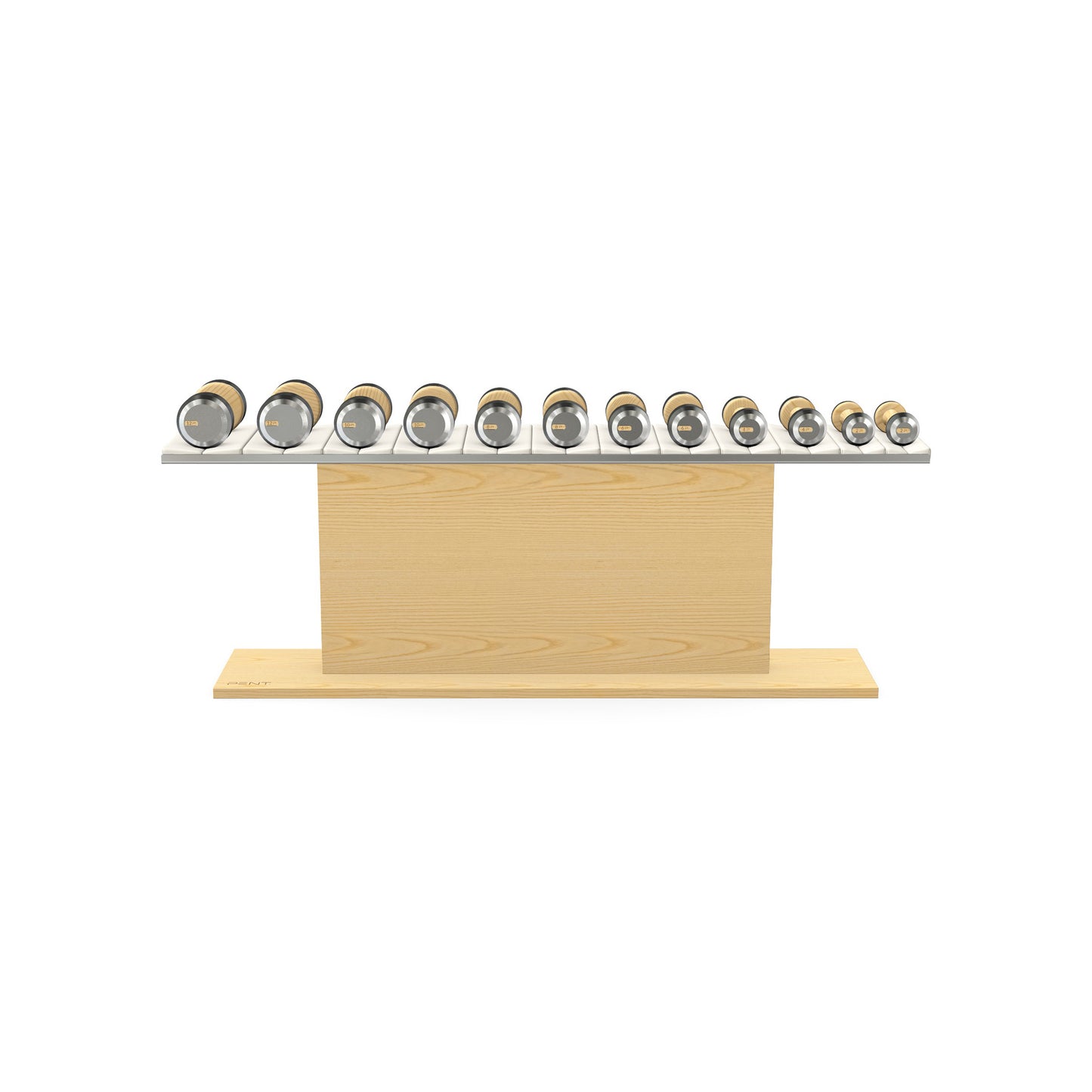 Luxury gym equipment, 6 pair of dumbbells on horizontal wooden stand, made with stainless steel, Italian white leather and natural ash wood.