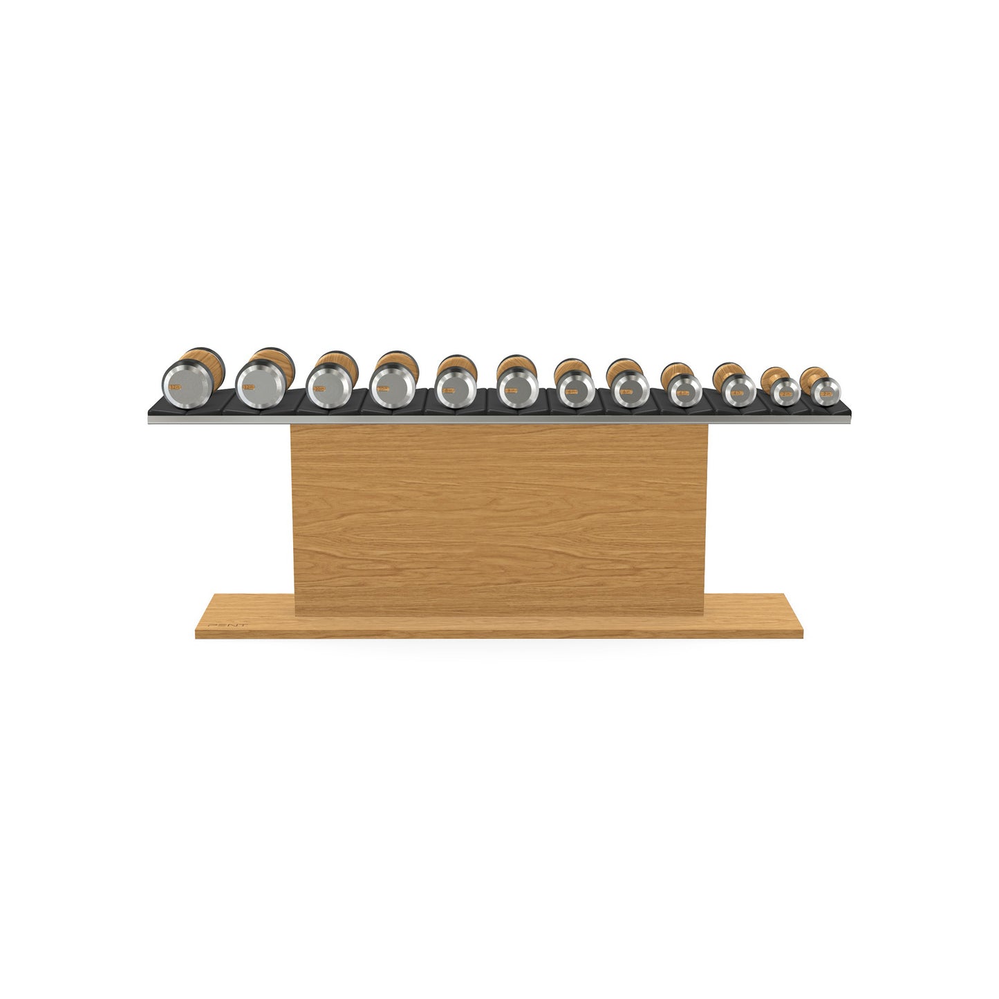 Luxury gym equipment, 6 pair of dumbbells on horizontal wooden stand, made with stainless steel, Italian black leather and oak wood.