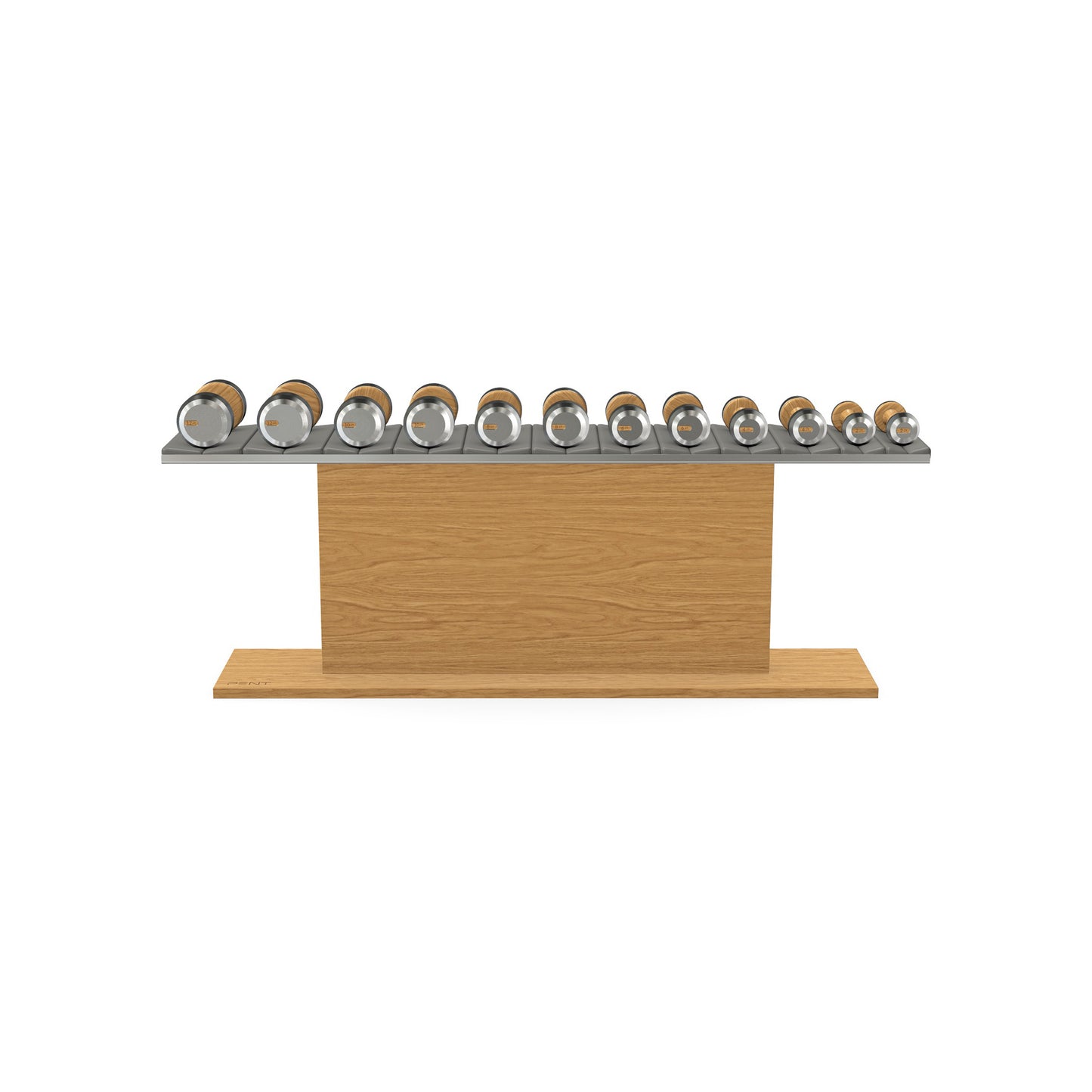 Luxury gym equipment, 6 pair of dumbbells on horizontal wooden stand, made with stainless steel, Italian grey leather and oak wood.