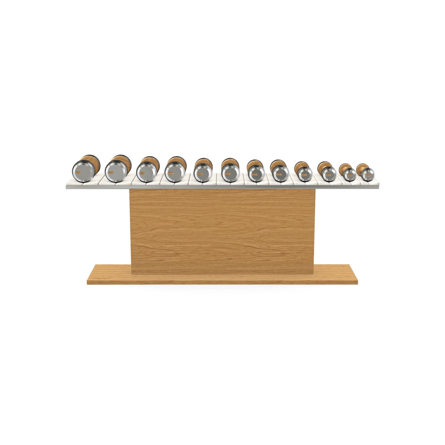 Luxury gym equipment, 6 pair of dumbbells on horizontal wooden stand, made with stainless steel, Italian white leather and oak wood.