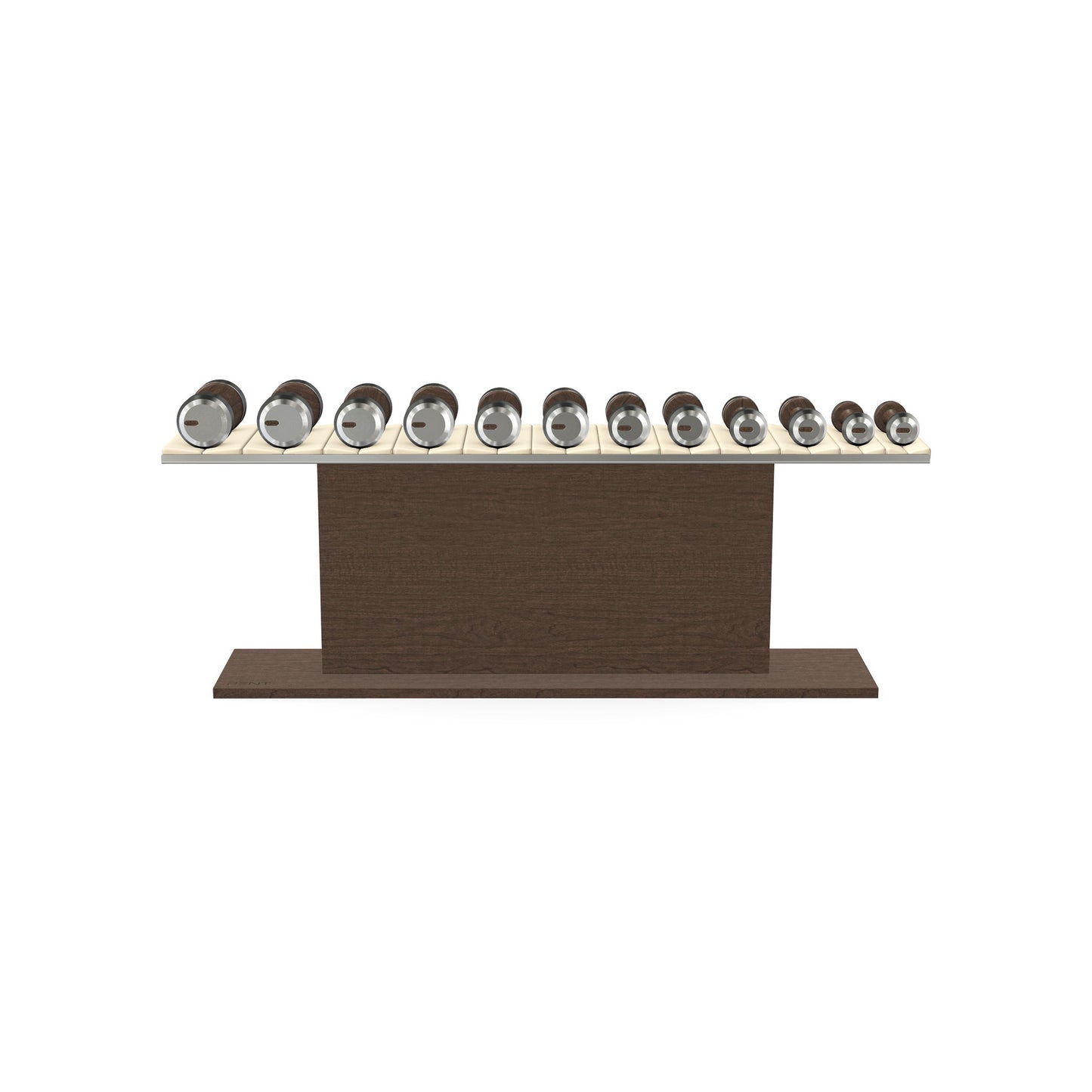 Luxury gym equipment, 6 pair of dumbbells on horizontal wooden stand, made with stainless steel, Italian beige leather and dark walnut wood.