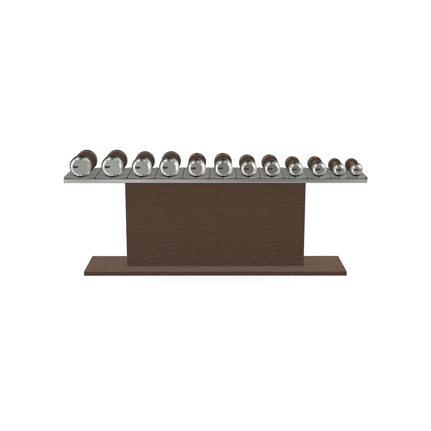 Luxury gym equipment, 6 pair of dumbbells on horizontal wooden stand, made with stainless steel, Italian grey leather and dark walnut wood.