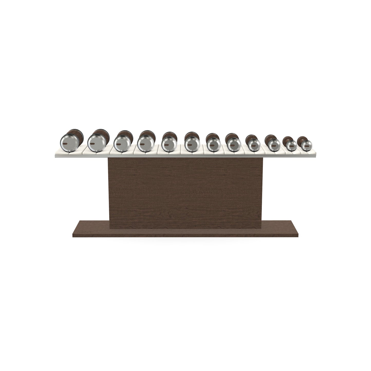 Luxury gym equipment, 6 pair of dumbbells on horizontal wooden stand, made with stainless steel, Italian white leather and dark walnut wood.