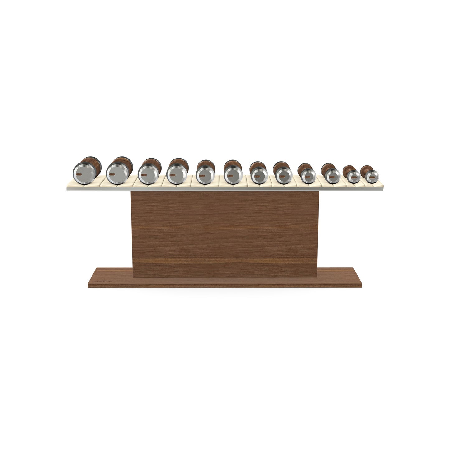 Luxury gym equipment, 6 pair of dumbbells on horizontal wooden stand, made with stainless steel, Italian beige leather and natural walnut wood.
