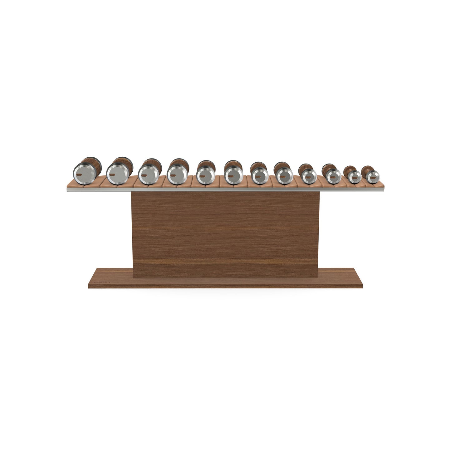 Luxury gym equipment, 6 pair of dumbbells on horizontal wooden stand, made with stainless steel, Italian brown leather and natural walnut wood.