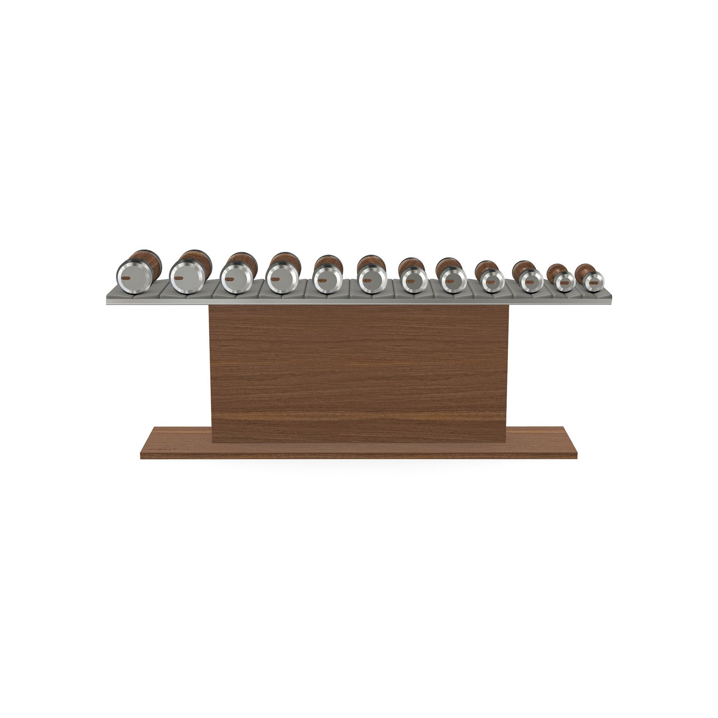 Luxury gym equipment, 6 pair of dumbbells on horizontal wooden stand, made with stainless steel, Italian grey leather and natural walnut wood.