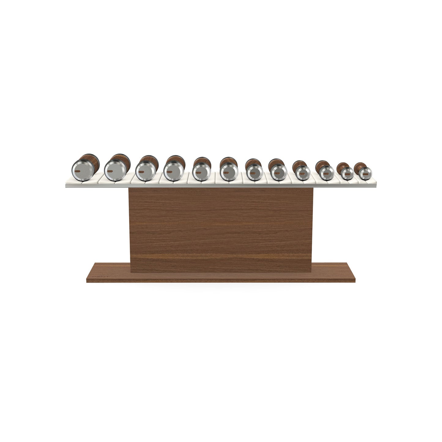 Luxury gym equipment, 6 pair of dumbbells on horizontal wooden stand, made with stainless steel, Italian white leather and natural walnut wood.