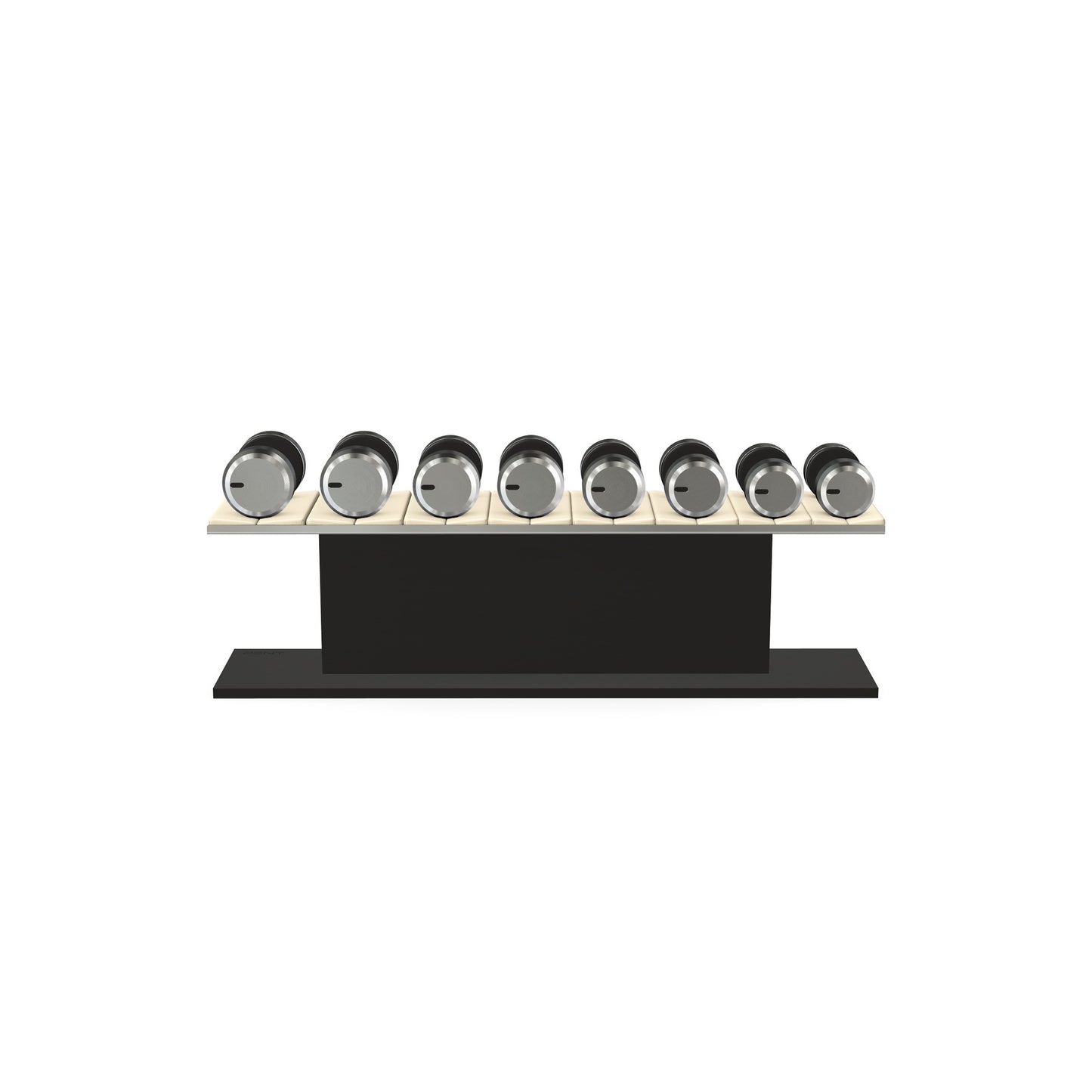 Luxury gym equipment, 4 pair of dumbbells on horizontal wooden stand, made with stainless steel, Italian beige leather and black ash wood.
