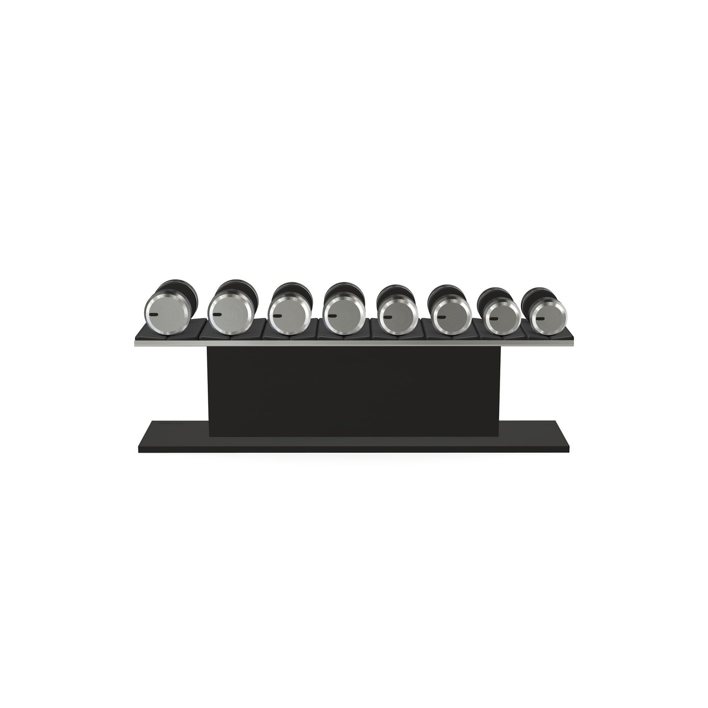 Luxury gym equipment, 4 pair of dumbbells on horizontal wooden stand, made with stainless steel, Italian black leather and black ash wood.