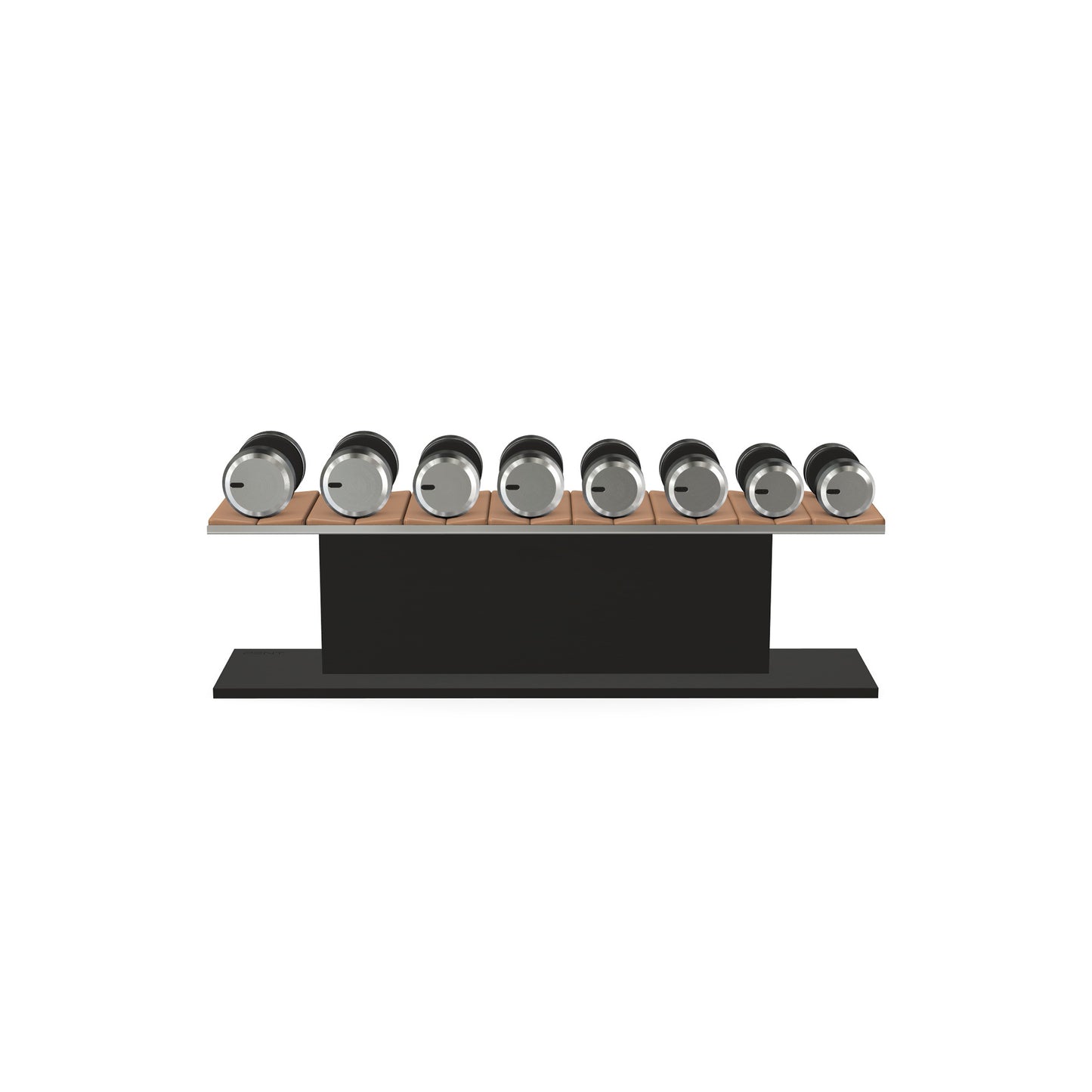 Luxury gym equipment, 4 pair of dumbbells on horizontal wooden stand, made with stainless steel, Italian brown leather and black ash wood.