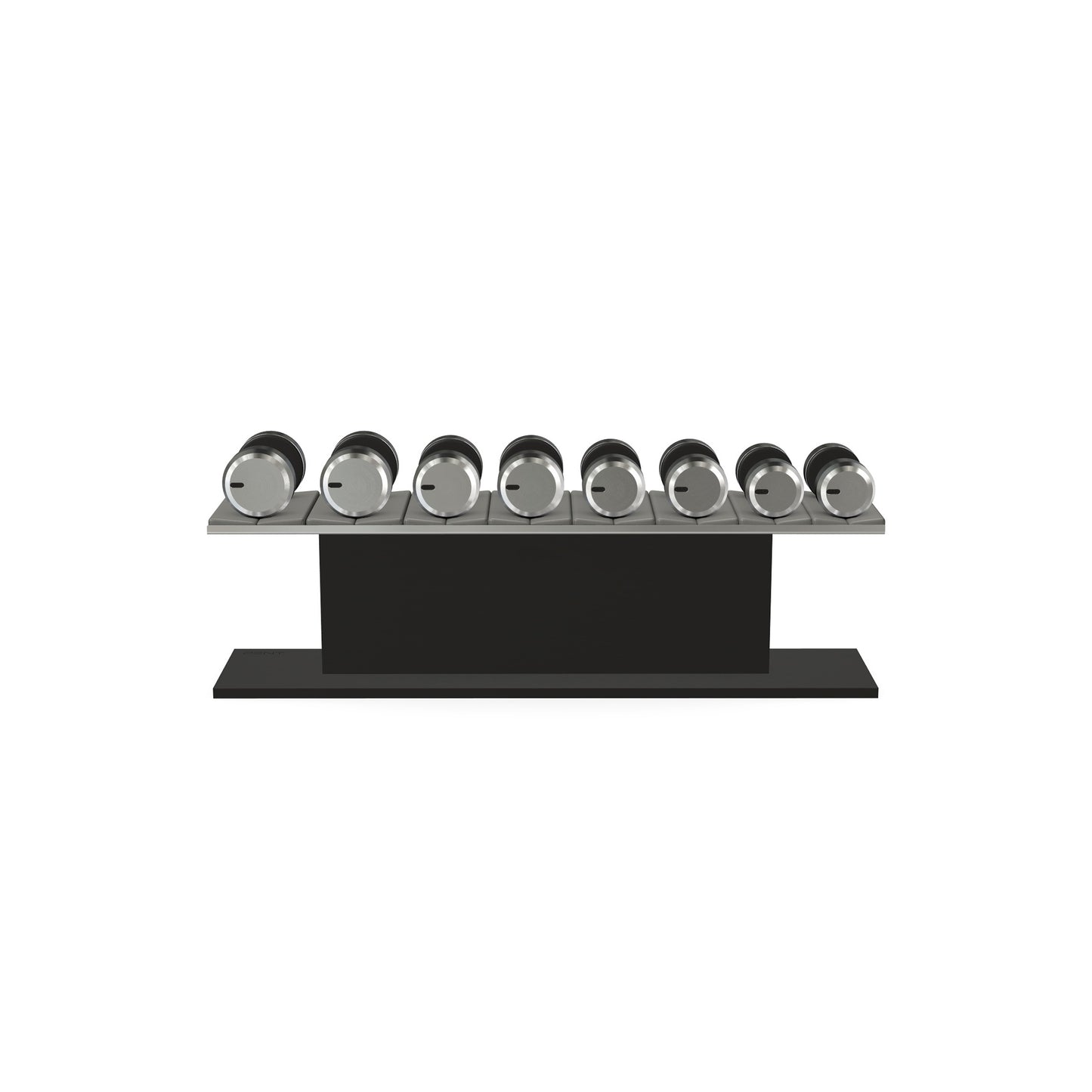 Luxury gym equipment, 4 pair of dumbbells on horizontal wooden stand, made with stainless steel, Italian grey leather and black ash wood.