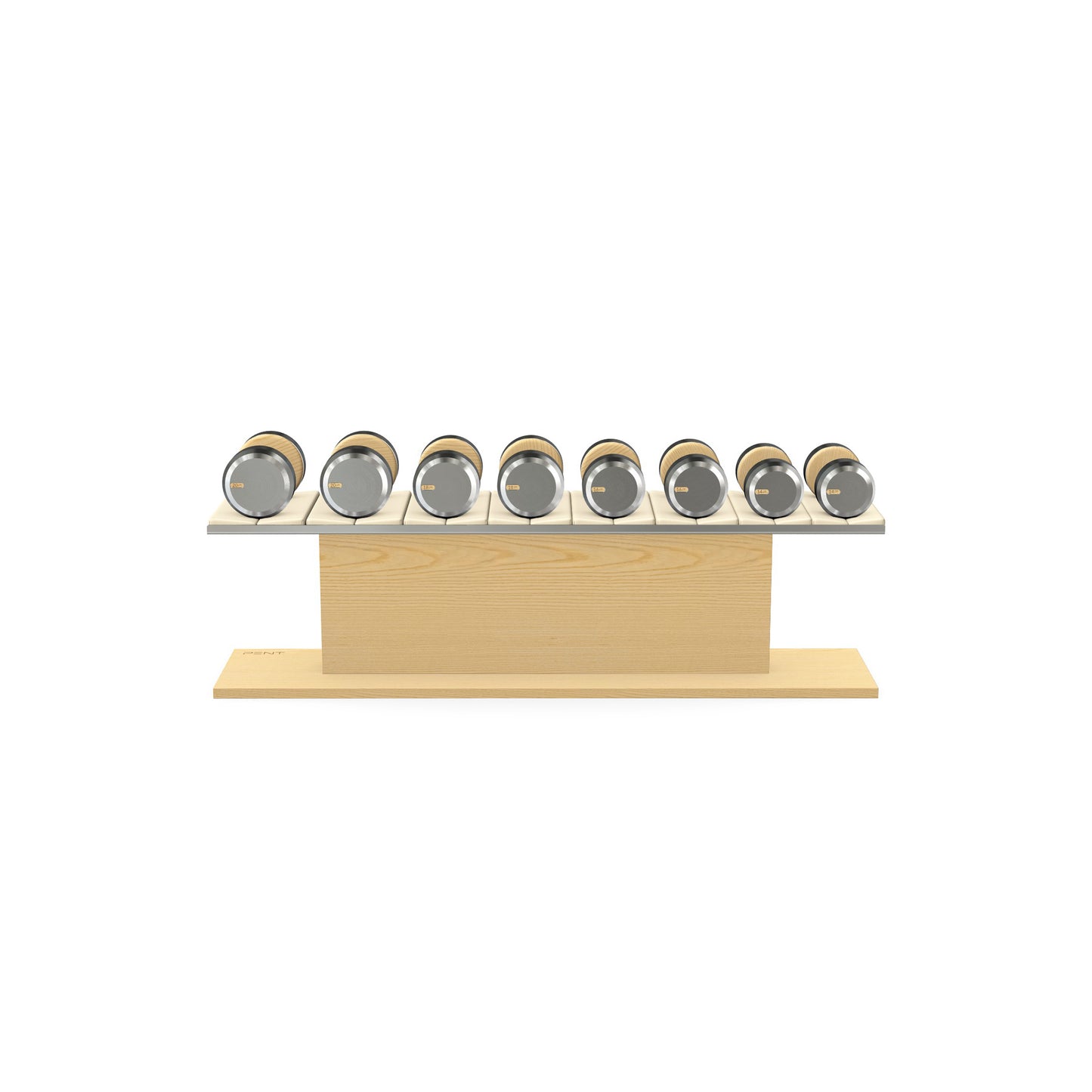 Luxury gym equipment, 4 pair of dumbbells on horizontal wooden stand, made with stainless steel, Italian beige leather and natural ash wood.