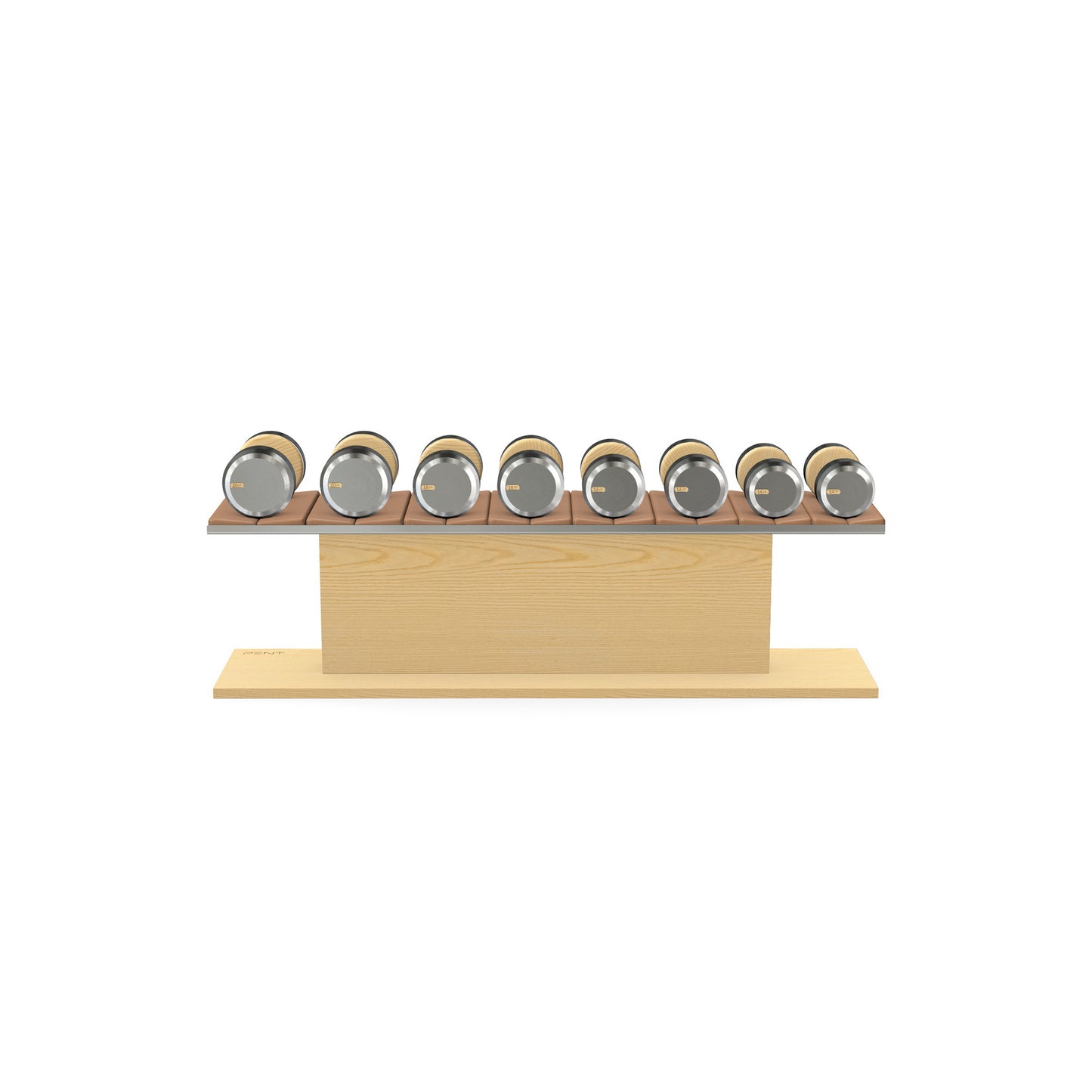 Luxury gym equipment, 4 pair of dumbbells on horizontal wooden stand, made with stainless steel, Italian brown leather and natural ash wood.