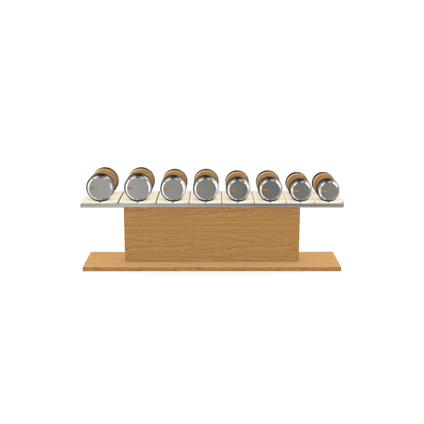 Luxury gym equipment, 4 pair of dumbbells on horizontal wooden stand, made with stainless steel, Italian beige leather and oak wood.