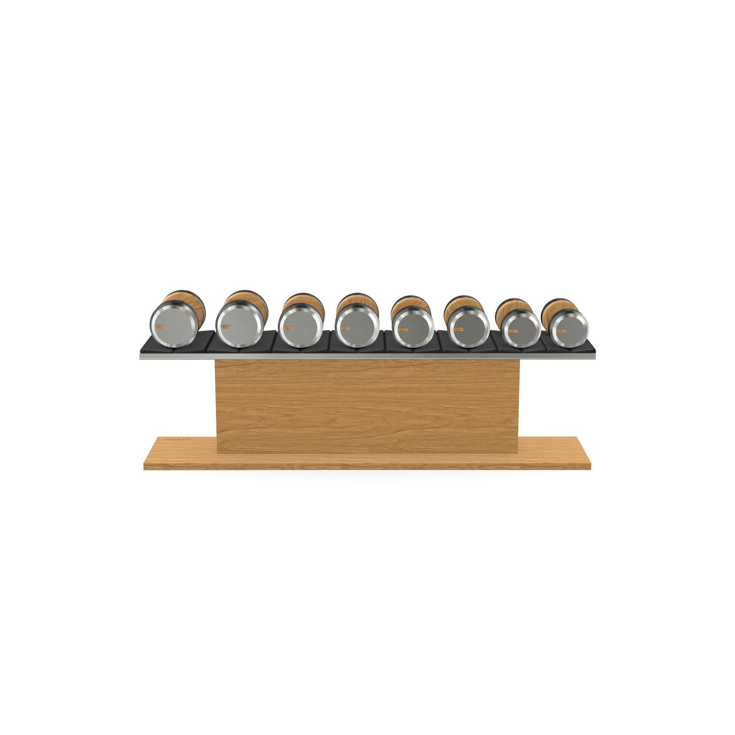 Luxury gym equipment, 4 pair of dumbbells on horizontal wooden stand, made with stainless steel, Italian black leather and oak wood.
