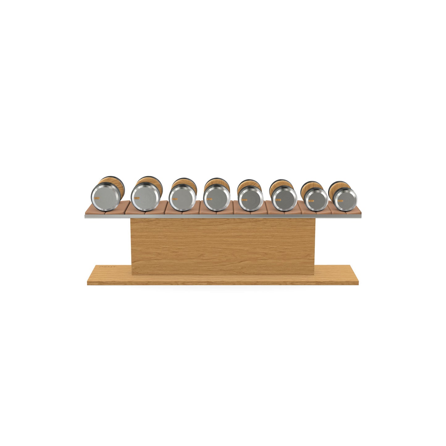 Luxury gym equipment, 4 pair of dumbbells on horizontal wooden stand, made with stainless steel, Italian brown leather and oak wood.