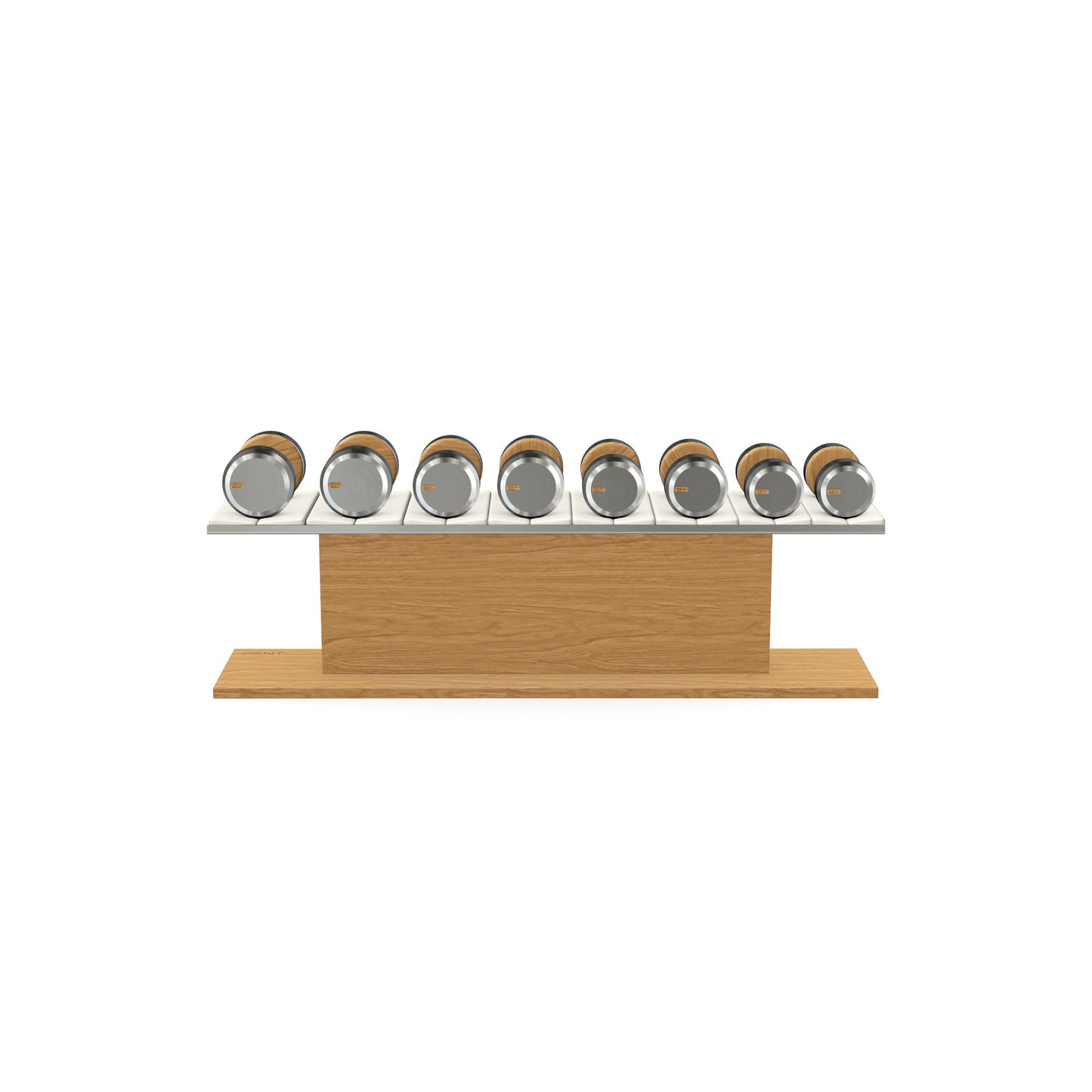 Luxury gym equipment, 4 pair of dumbbells on horizontal wooden stand, made with stainless steel, Italian white leather and oak wood.
