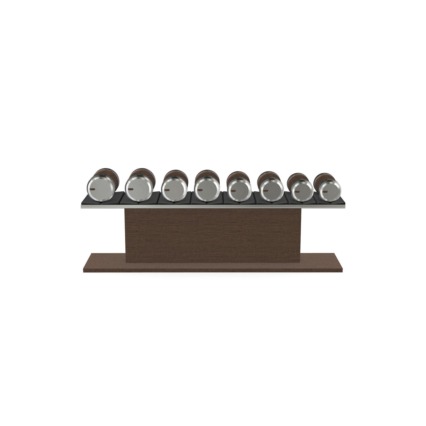 Luxury gym equipment, 4 pair of dumbbells on horizontal wooden stand, made with stainless steel, Italian black leather and dark walnut wood.