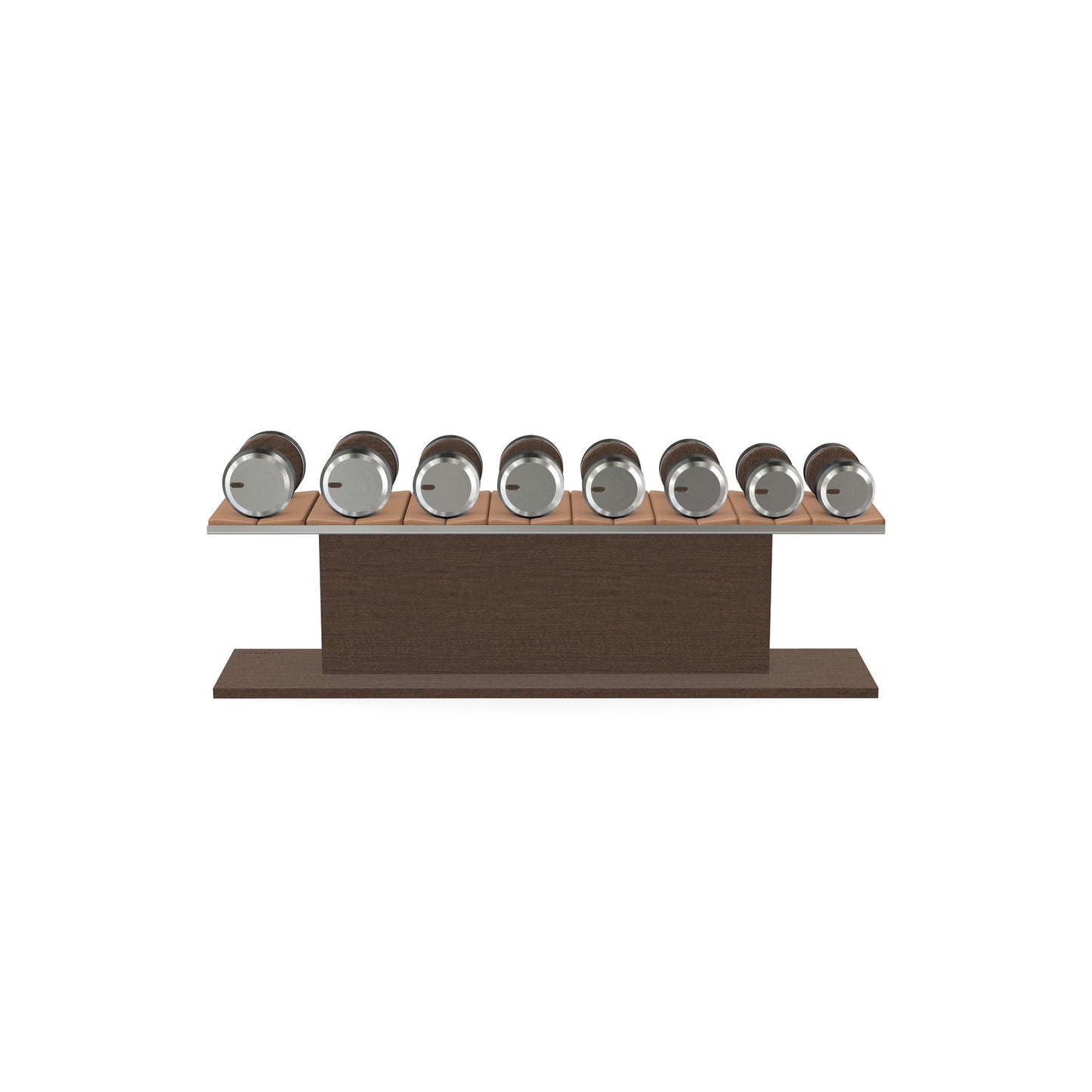 Luxury gym equipment, 4 pair of dumbbells on horizontal wooden stand, made with stainless steel, Italian brown leather and dark walnut wood.