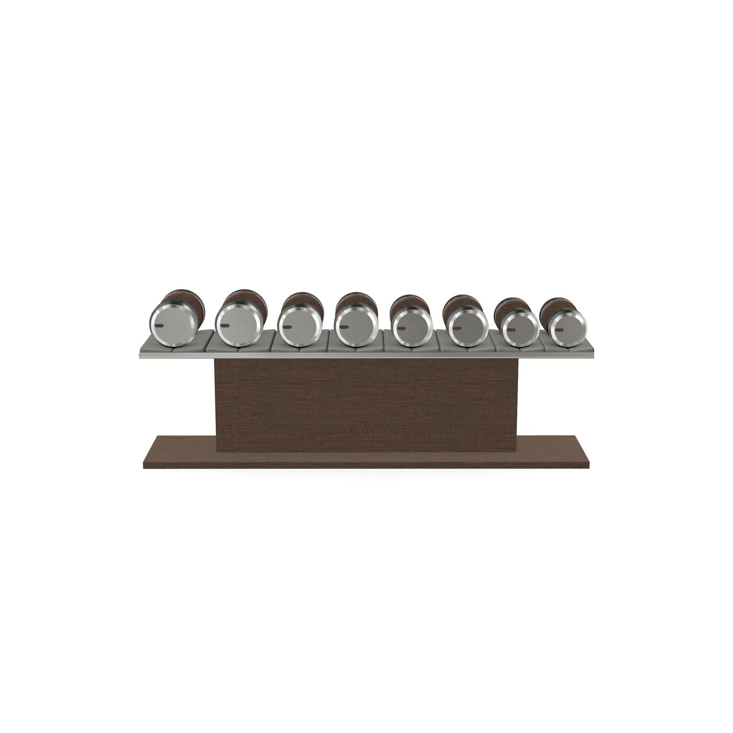 Luxury gym equipment, 4 pair of dumbbells on horizontal wooden stand, made with stainless steel, Italian grey leather and dark walnut wood.