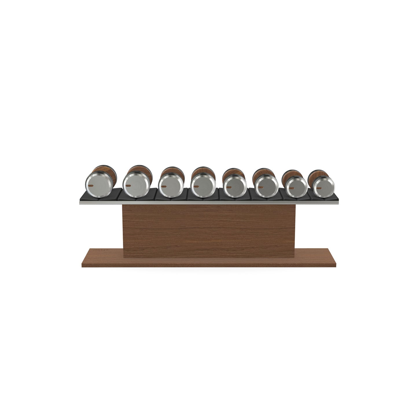 Luxury gym equipment, 4 pair of dumbbells on horizontal wooden stand, made with stainless steel, Italian black leather and natural walnut wood.