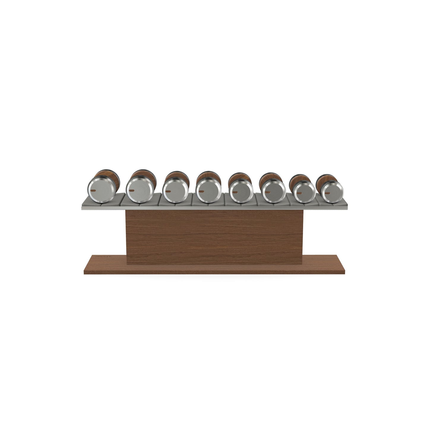 Luxury gym equipment, 4 pair of dumbbells on horizontal wooden stand, made with stainless steel, Italian grey leather and natural walnut wood.