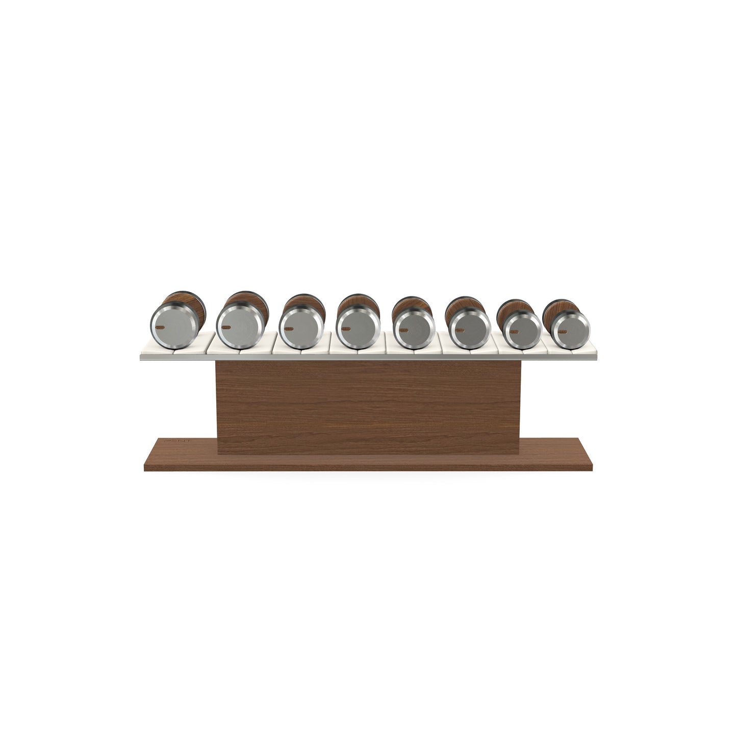 Luxury gym equipment, 4 pair of dumbbells on horizontal wooden stand, made with stainless steel, Italian white leather and natural walnut wood.