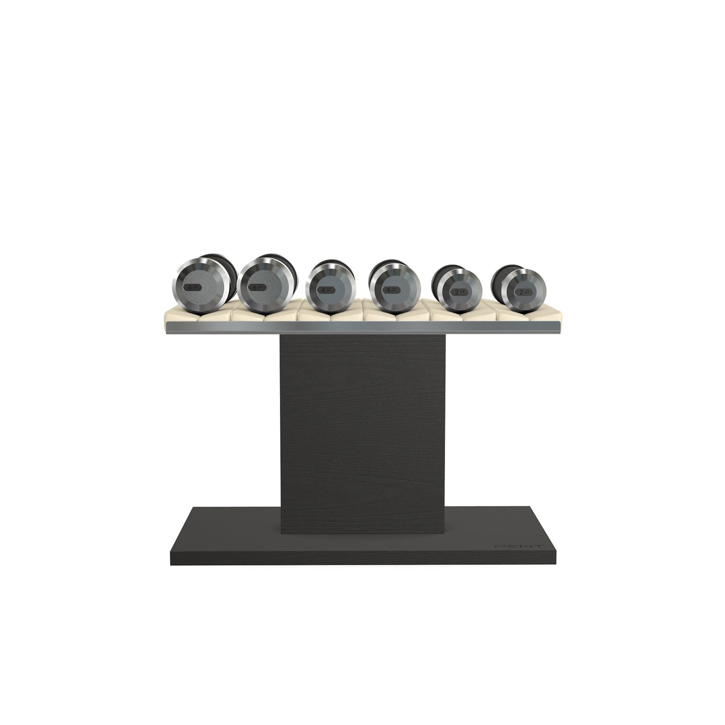 Luxury gym equipment, 3 pair of dumbbells on horizontal wooden stand, made with stainless steel, Italian beige leather and black ash wood.