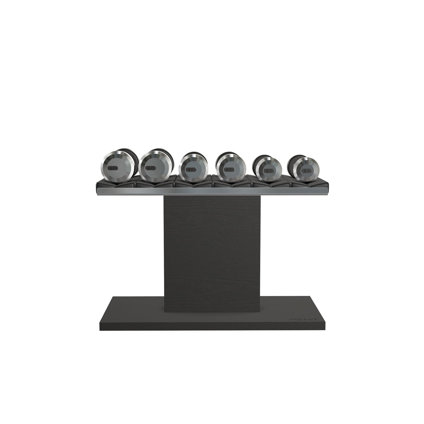 Luxury gym equipment, 3 pair of dumbbells on horizontal wooden stand, made with stainless steel, Italian black leather and black ash wood.