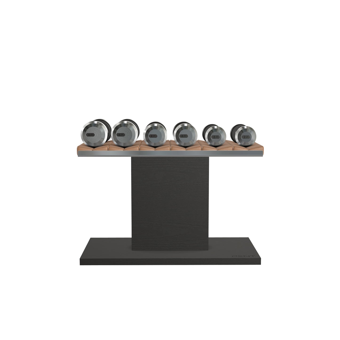 Luxury gym equipment, 3 pair of dumbbells on horizontal wooden stand, made with stainless steel, Italian brown leather and black ash wood.
