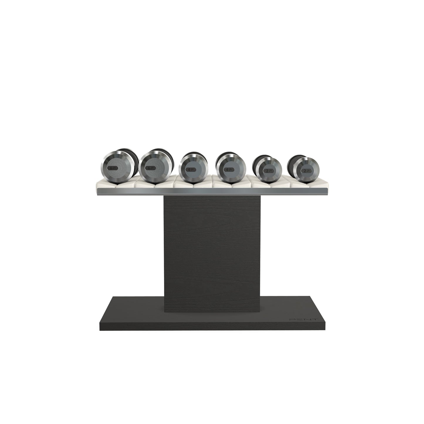 Luxury gym equipment, 3 pair of dumbbells on horizontal wooden stand, made with stainless steel, Italian white leather and black ash wood.