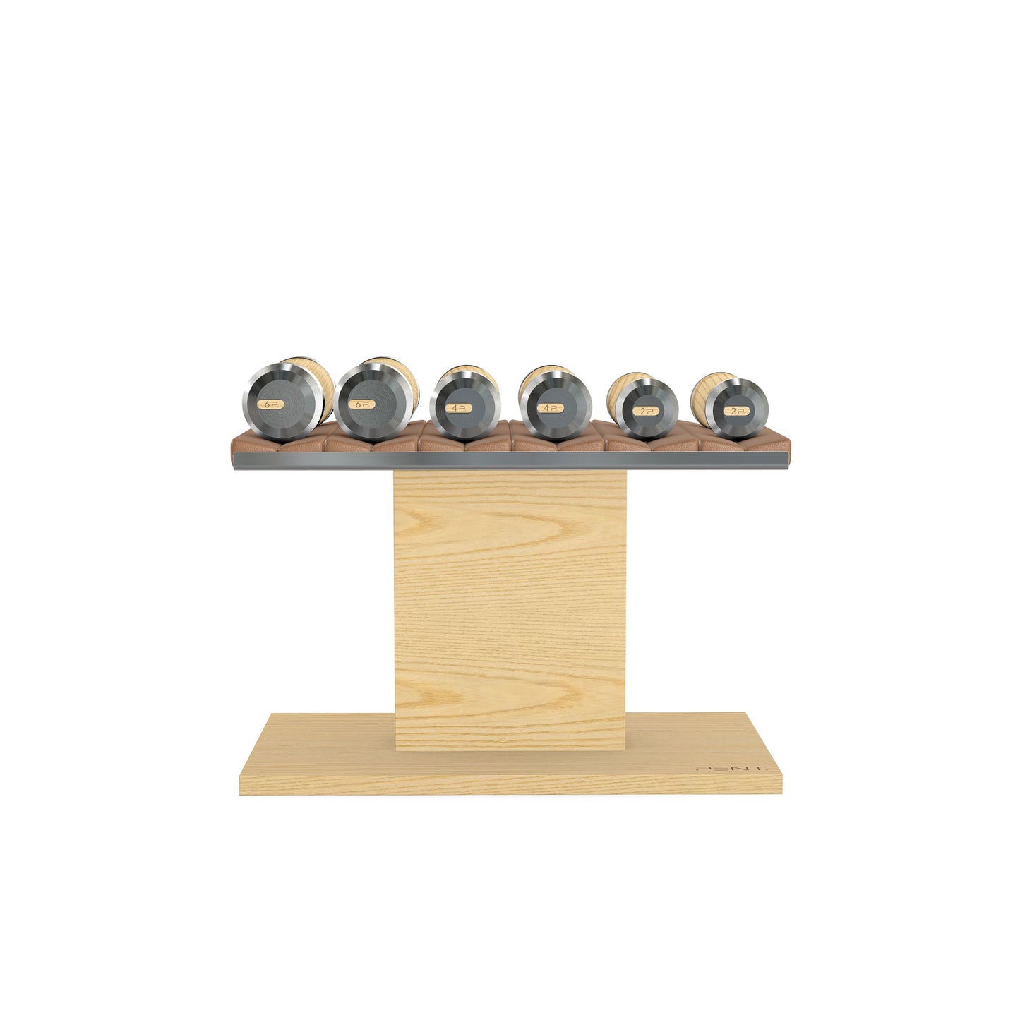 Luxury gym equipment, 3 pair of dumbbells on horizontal wooden stand, made with stainless steel, Italian brown leather and natural ash wood.