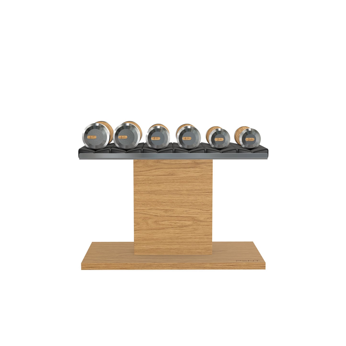 Luxury gym equipment, 3 pair of dumbbells on horizontal wooden stand, made with stainless steel, Italian black leather and oak wood.