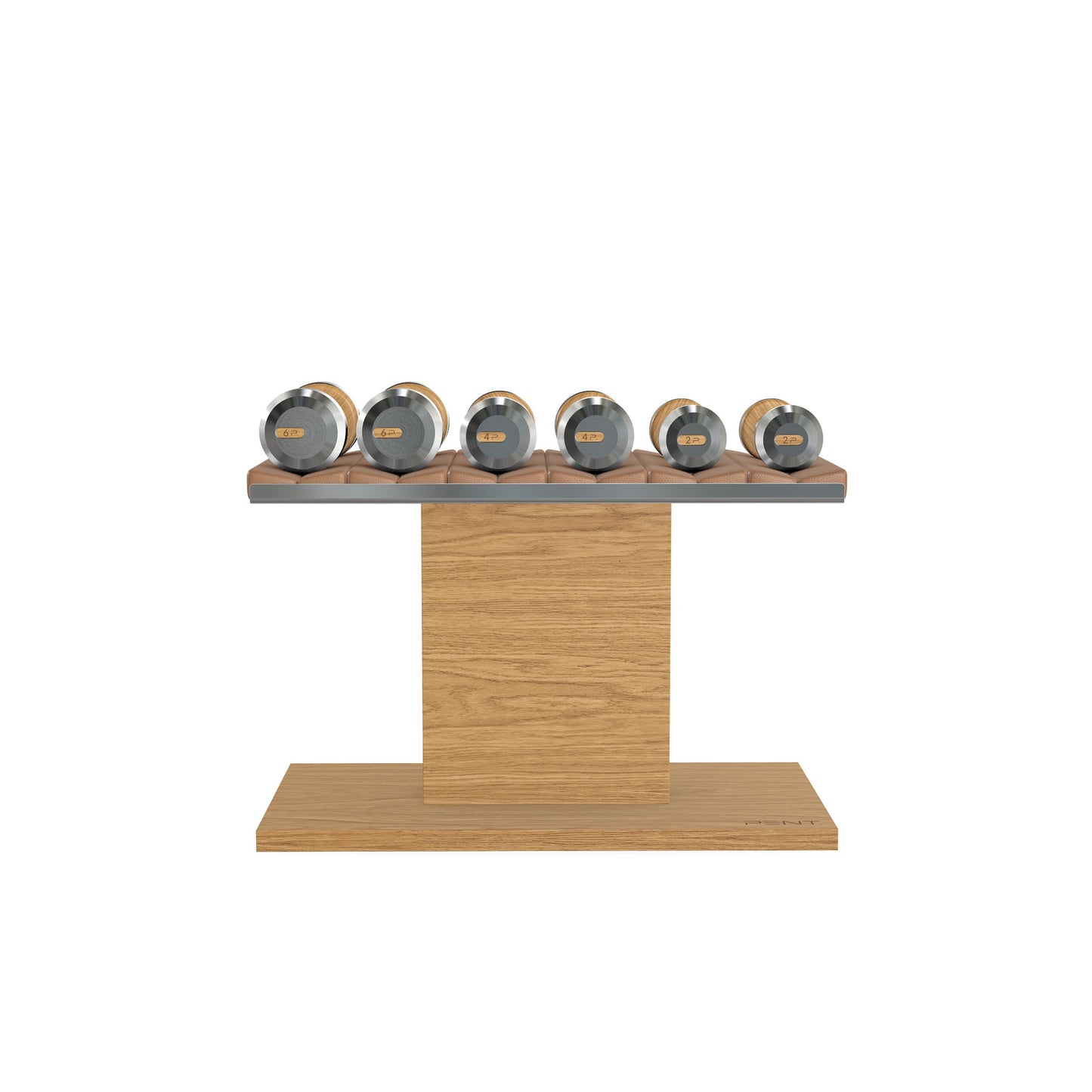 Luxury gym equipment, 3 pair of dumbbells on horizontal wooden stand, made with stainless steel, Italian brown leather and oak wood.