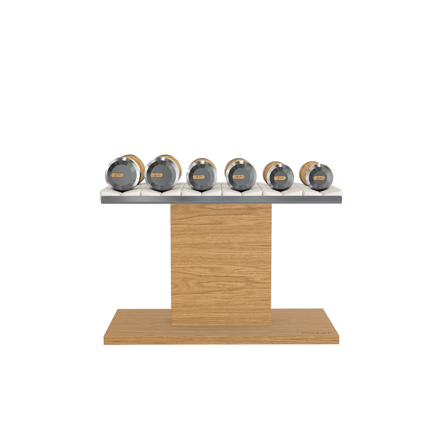 Luxury gym equipment, 3 pair of dumbbells on horizontal wooden stand, made with stainless steel, Italian white leather and oak wood.