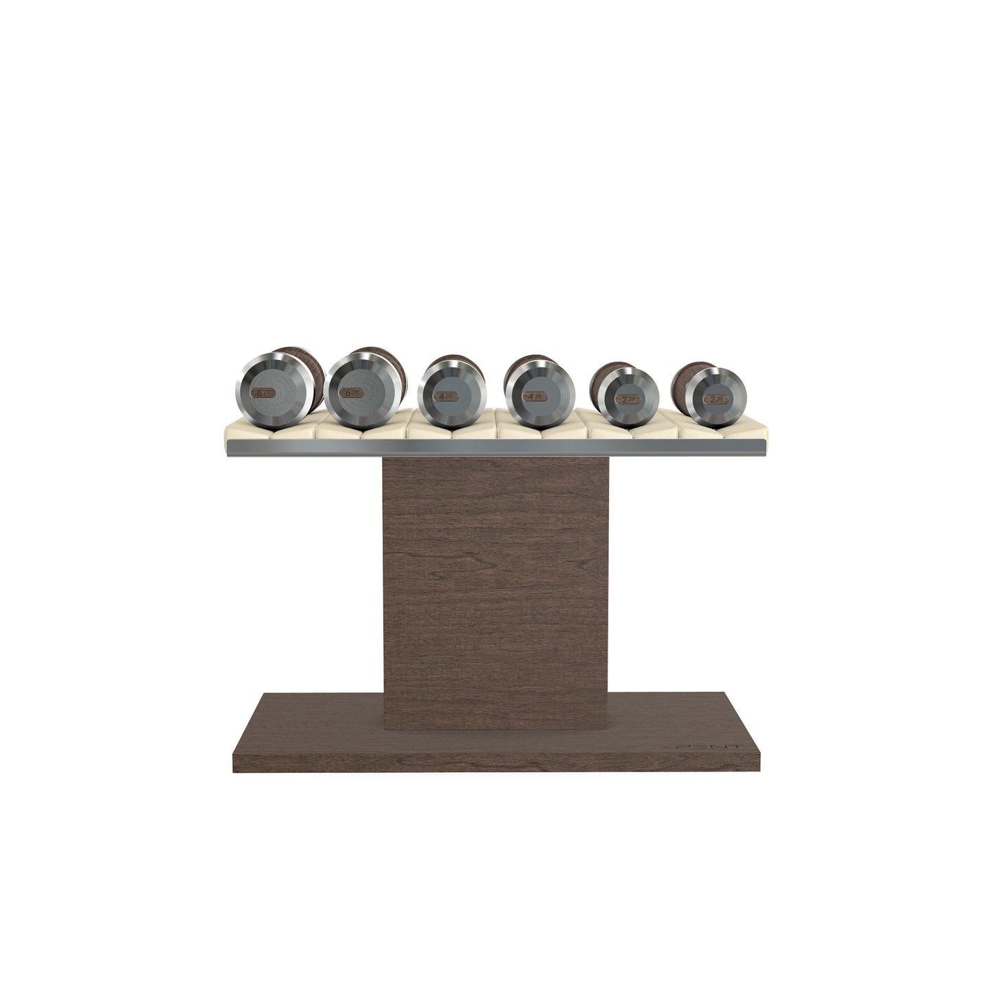 Luxury gym equipment, 3 pair of dumbbells on horizontal wooden stand, made with stainless steel, Italian beige leather and dark walnut wood.