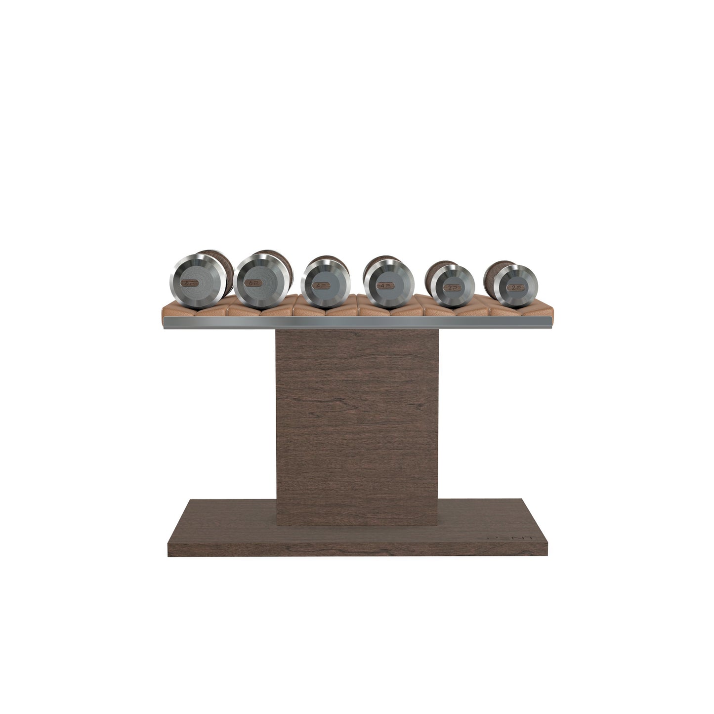 Luxury gym equipment, 3 pair of dumbbells on horizontal wooden stand, made with stainless steel, Italian brown leather and dark walnut wood.