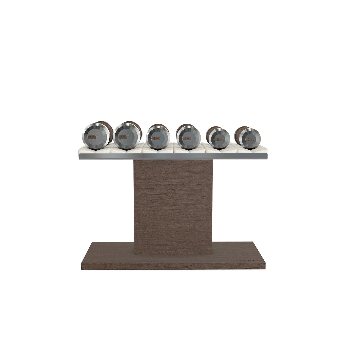 Luxury gym equipment, 3 pair of dumbbells on horizontal wooden stand, made with stainless steel, Italian white leather and dark walnut wood.