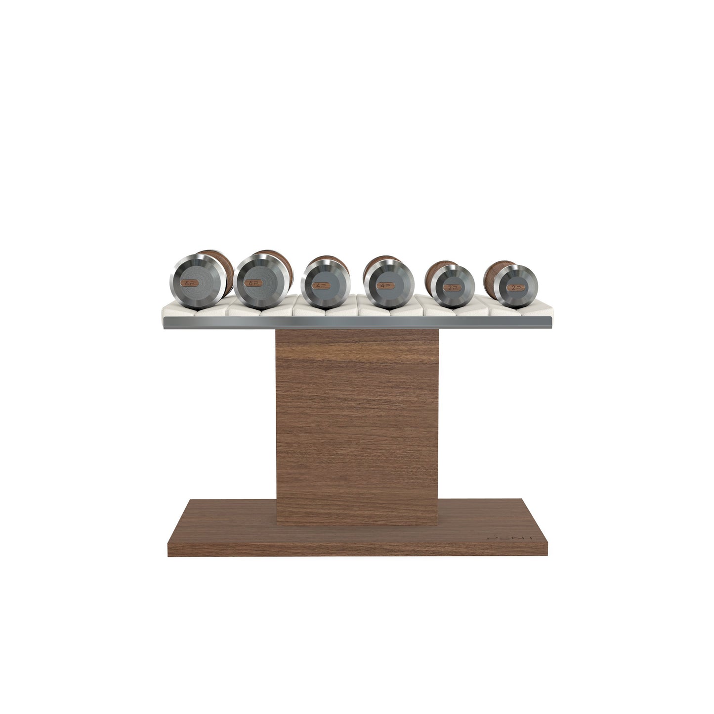 Luxury gym equipment, 3 pair of dumbbells on horizontal wooden stand, made with stainless steel, Italian white leather and natural walnut wood.