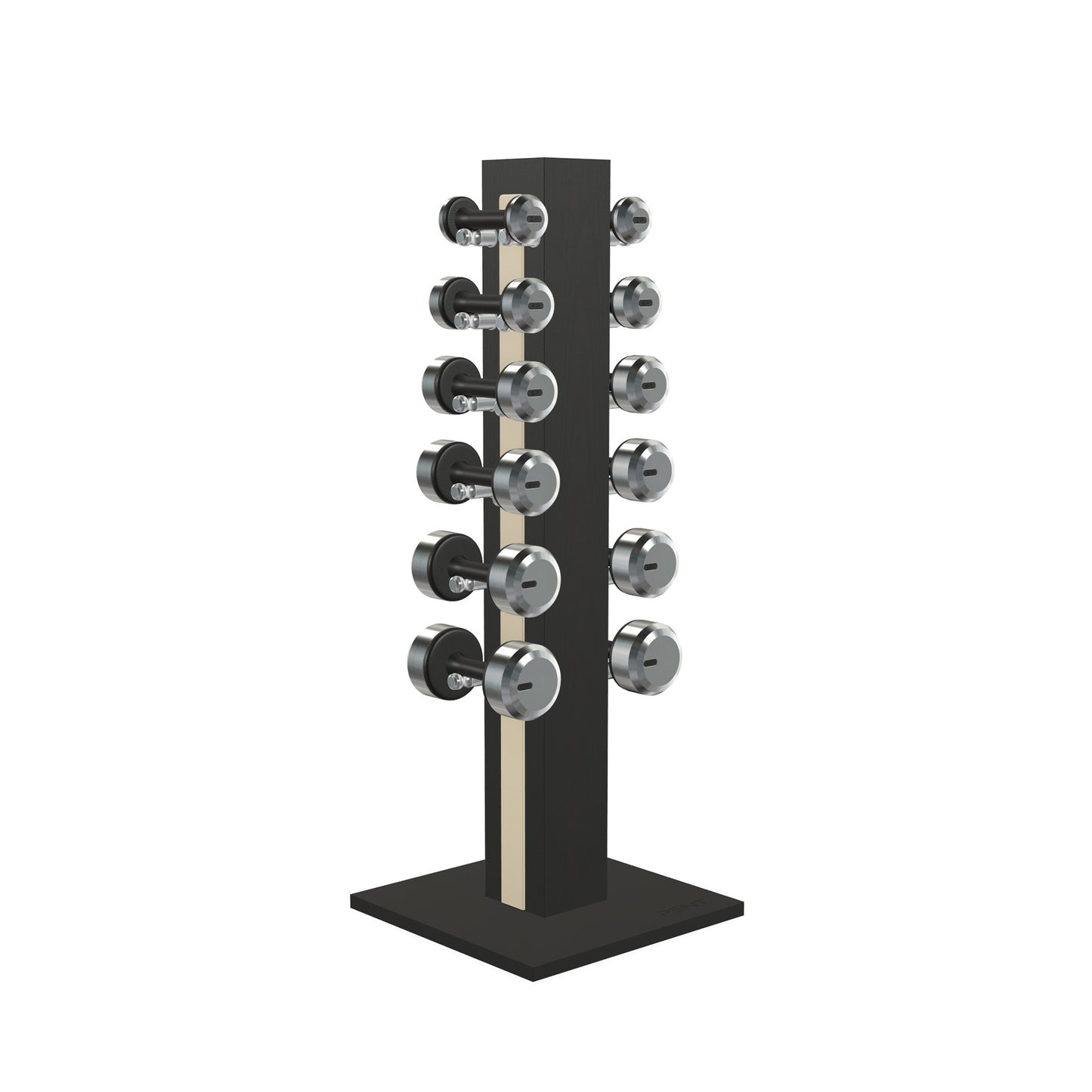 Luxury gym equipment, 6 pair of dumbbells on vertical wooden stand, made with stainless steel, Italian beige leather and black ash wood.