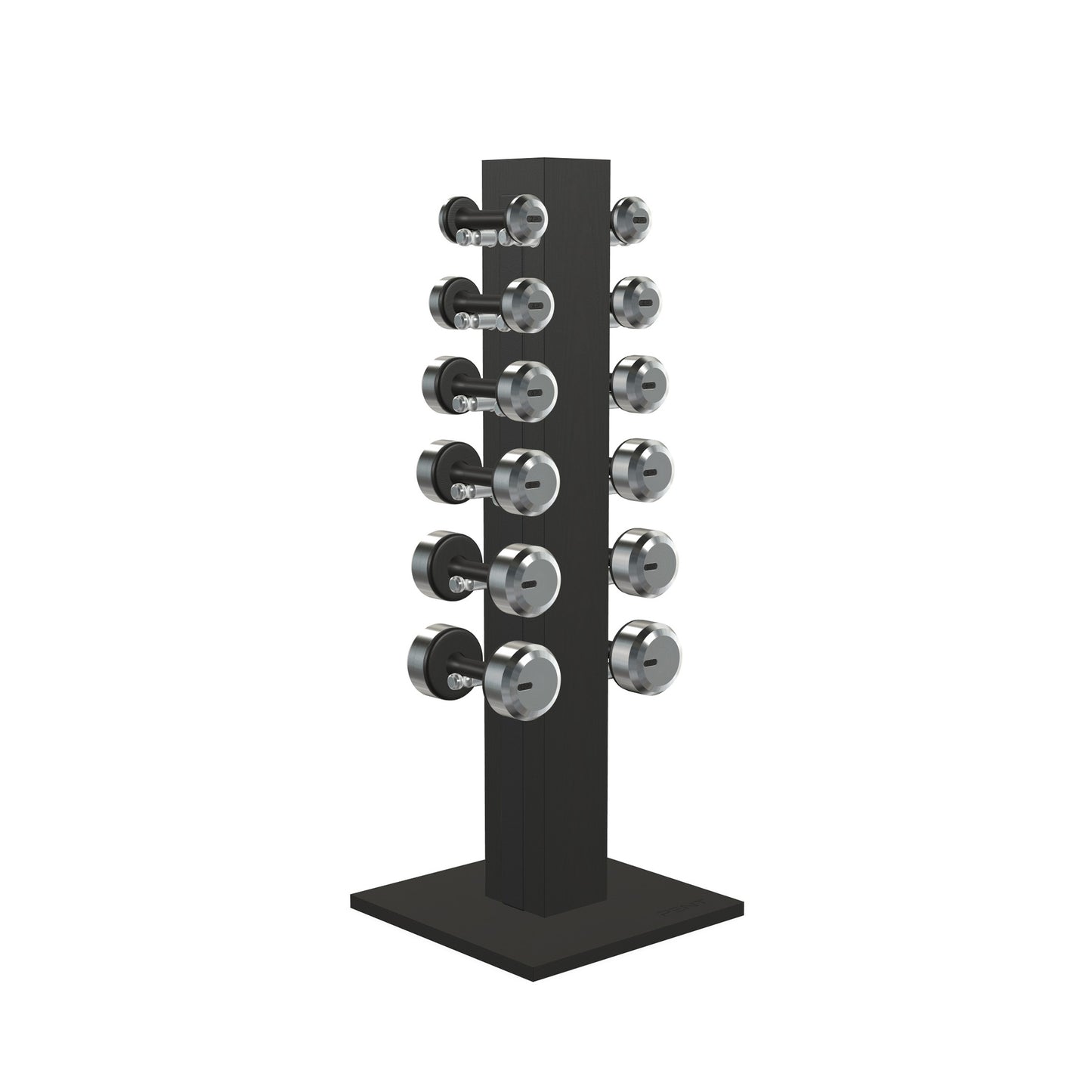 Luxury gym equipment, 6 pair of dumbbells on vertical wooden stand, made with stainless steel, Italian black leather and black ash wood.