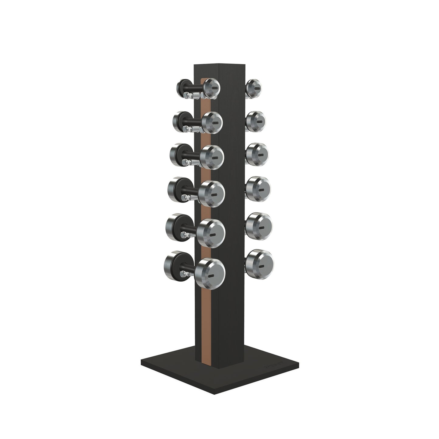 Luxury gym equipment, 6 pair of dumbbells on vertical wooden stand, made with stainless steel, Italian brown leather and black ash wood.