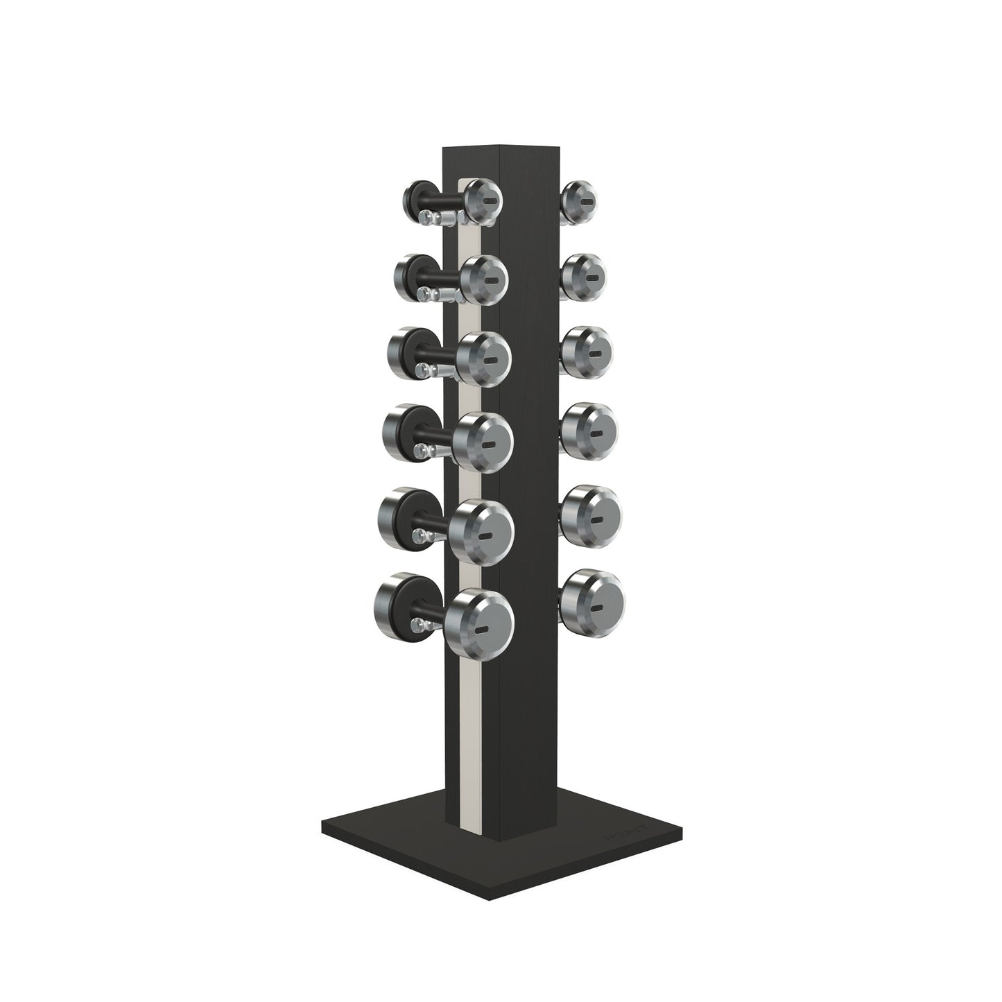 Luxury gym equipment, 6 pair of dumbbells on vertical wooden stand, made with stainless steel, Italian white leather and black ash wood.