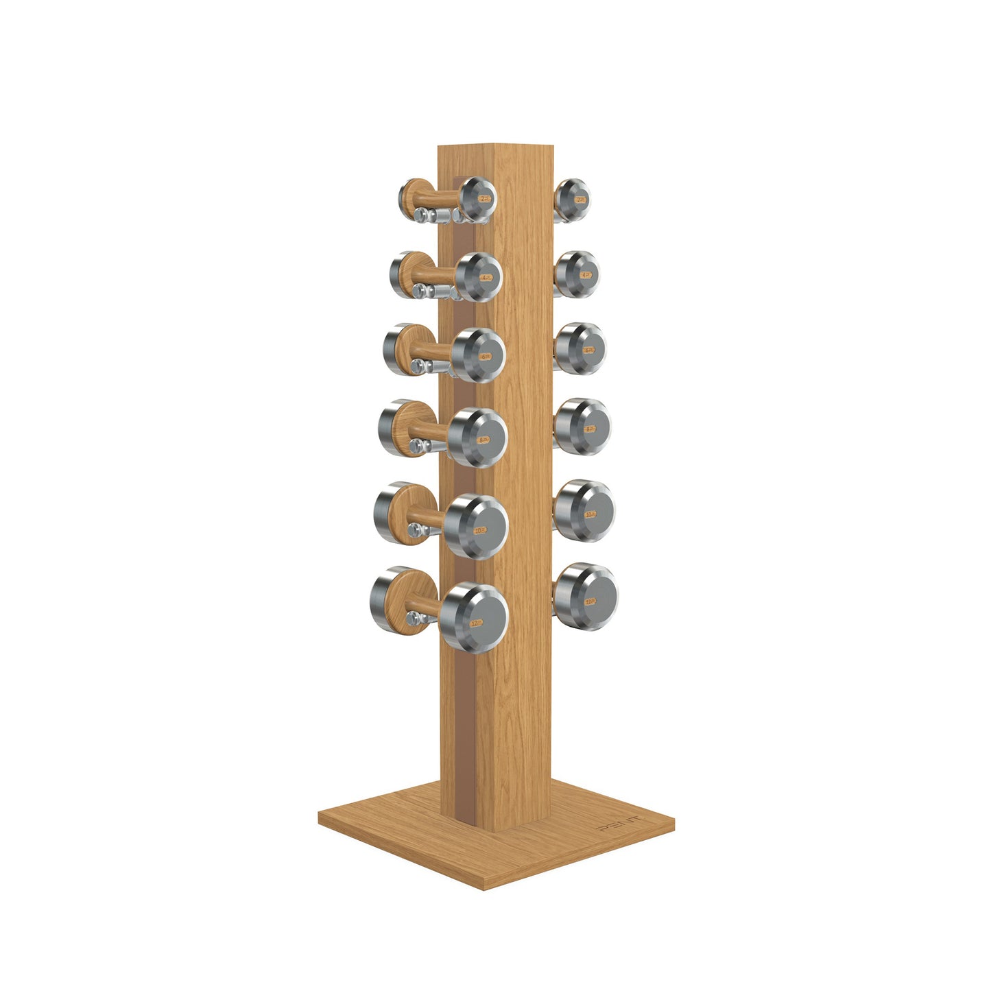 Luxury gym equipment, 6 pair of dumbbells on vertical wooden stand, made with stainless steel, Italian brown leather and oak wood.