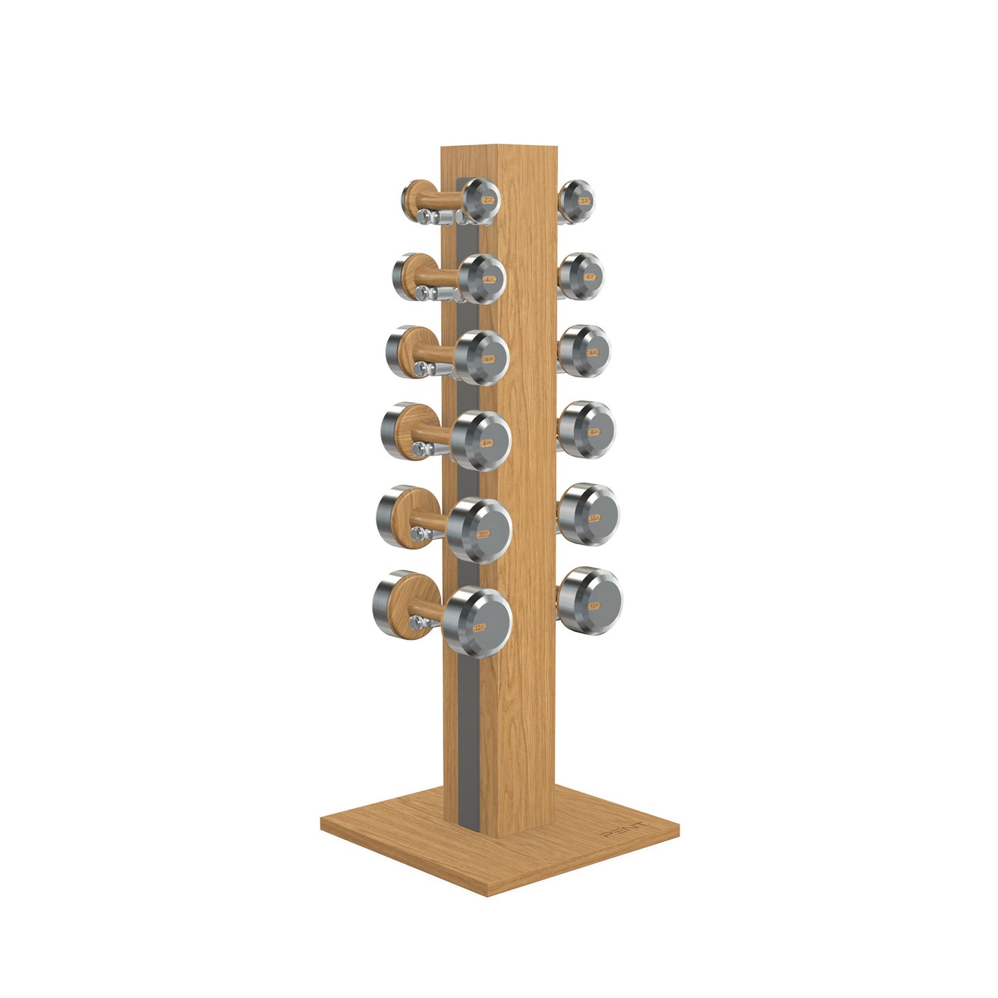 Luxury gym equipment, 6 pair of dumbbells on vertical wooden stand, made with stainless steel, Italian grey leather and oak wood.