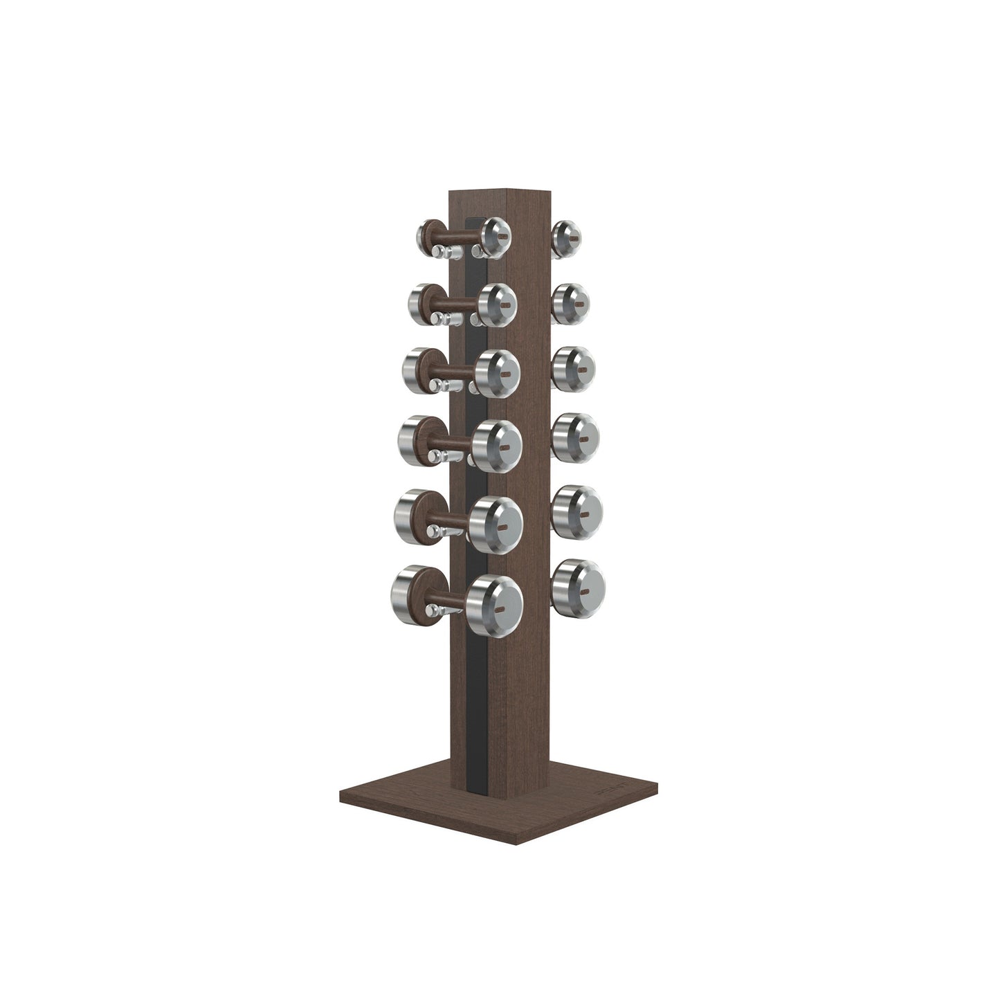 Luxury gym equipment, 6 pair of dumbbells on vertical wooden stand, made with stainless steel, Italian black leather and dark walnut wood.