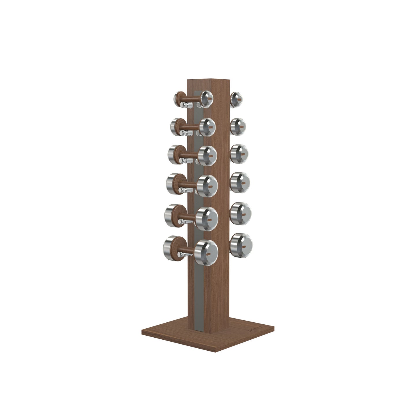 Luxury gym equipment, 6 pair of dumbbells on vertical wooden stand, made with stainless steel, Italian grey leather and natural walnut wood.